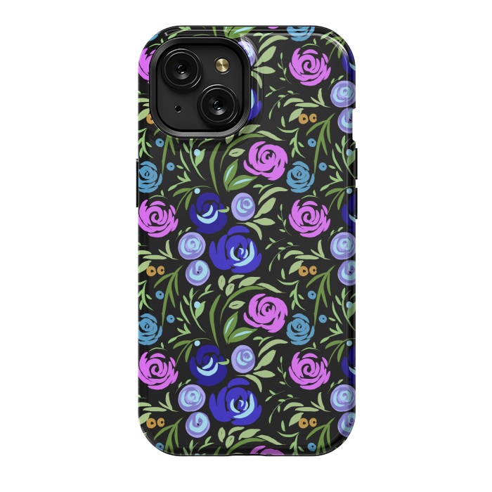 iPhone 15 StrongFit Floral design with tiny roses blue pink pattern by Josie