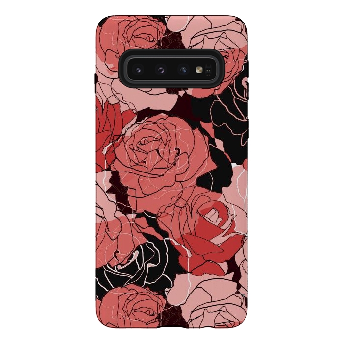 Galaxy S10 StrongFit Red black roses - line art rose flowers pattern by Oana 