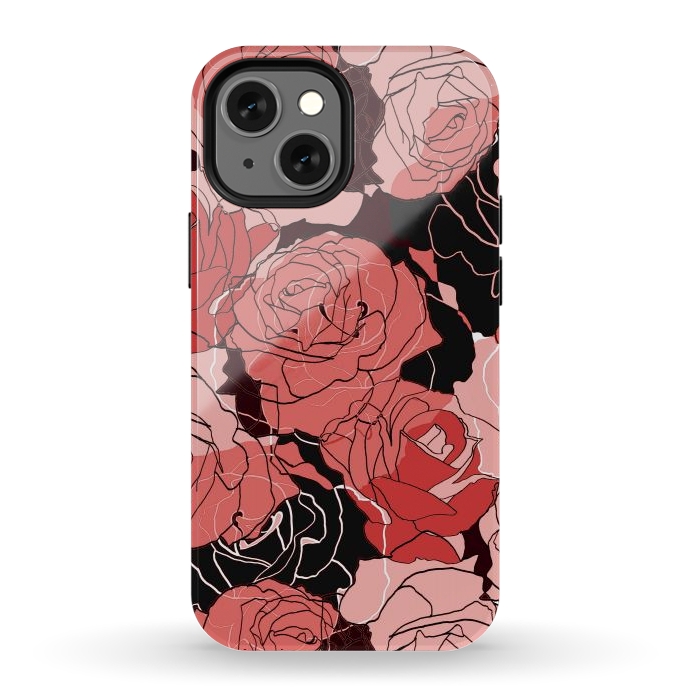 iPhone 12 mini StrongFit Red black roses - line art rose flowers pattern by Oana 