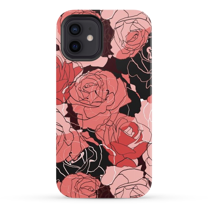iPhone 12 StrongFit Red black roses - line art rose flowers pattern by Oana 