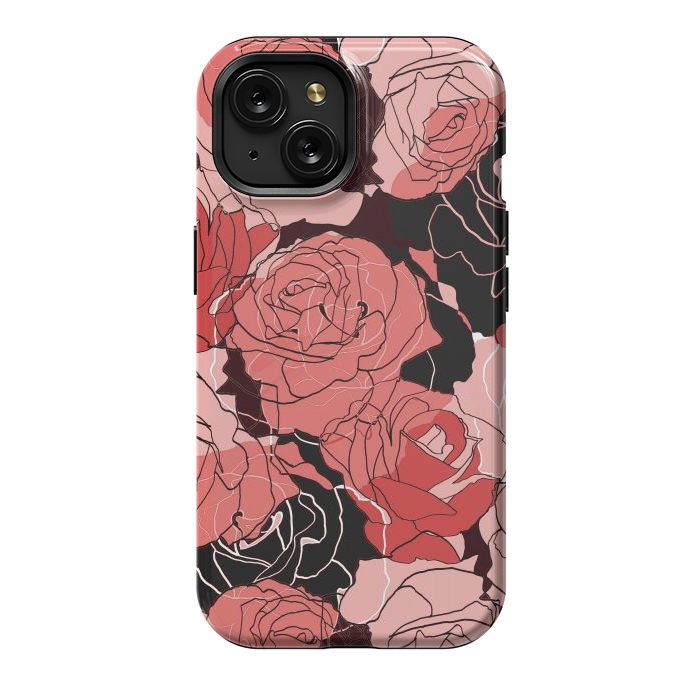 iPhone 15 StrongFit Red black roses - line art rose flowers pattern by Oana 