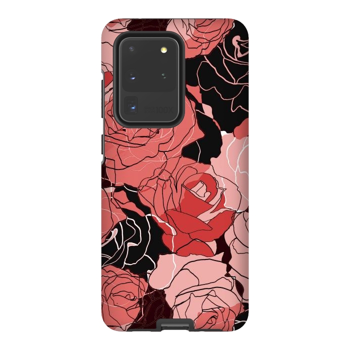 Galaxy S20 Ultra StrongFit Red black roses - line art rose flowers pattern by Oana 