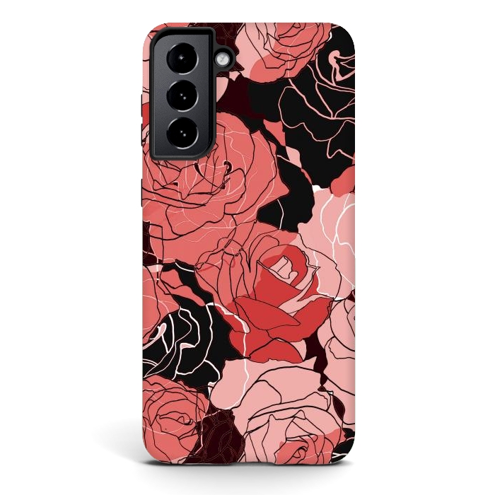 Galaxy S21 StrongFit Red black roses - line art rose flowers pattern by Oana 