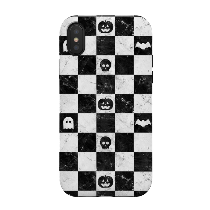iPhone Xs / X StrongFit Halloween checkered pattern - marble spooky monsters checks by Oana 