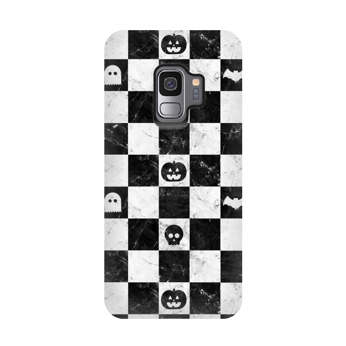 Galaxy S9 StrongFit Halloween checkered pattern - marble spooky monsters checks by Oana 