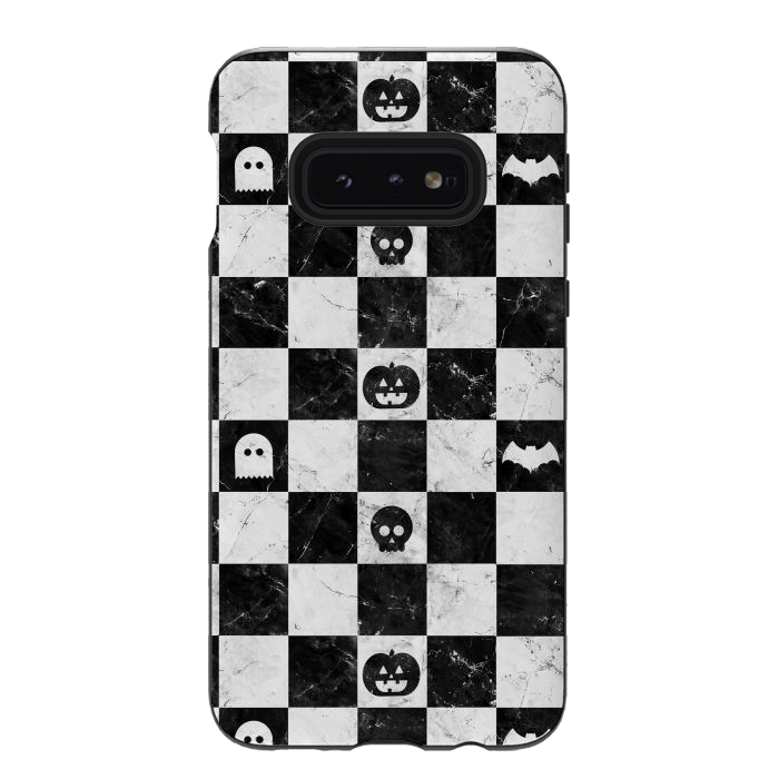 Galaxy S10e StrongFit Halloween checkered pattern - marble spooky monsters checks by Oana 