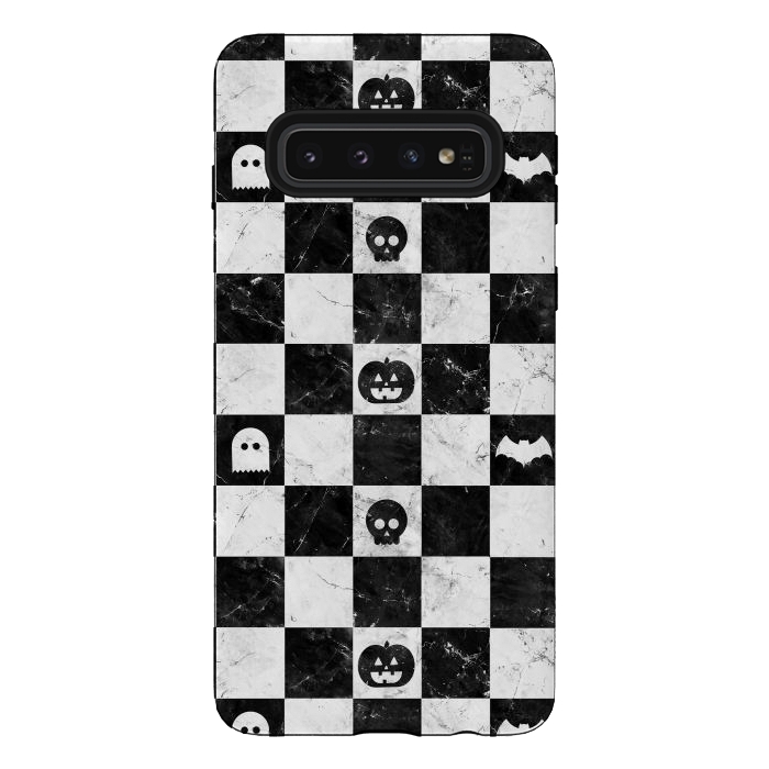 Galaxy S10 StrongFit Halloween checkered pattern - marble spooky monsters checks by Oana 