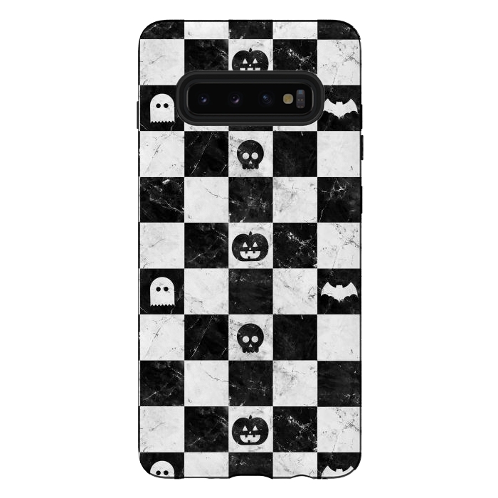 Galaxy S10 plus StrongFit Halloween checkered pattern - marble spooky monsters checks by Oana 