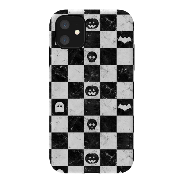 iPhone 11 StrongFit Halloween checkered pattern - marble spooky monsters checks by Oana 