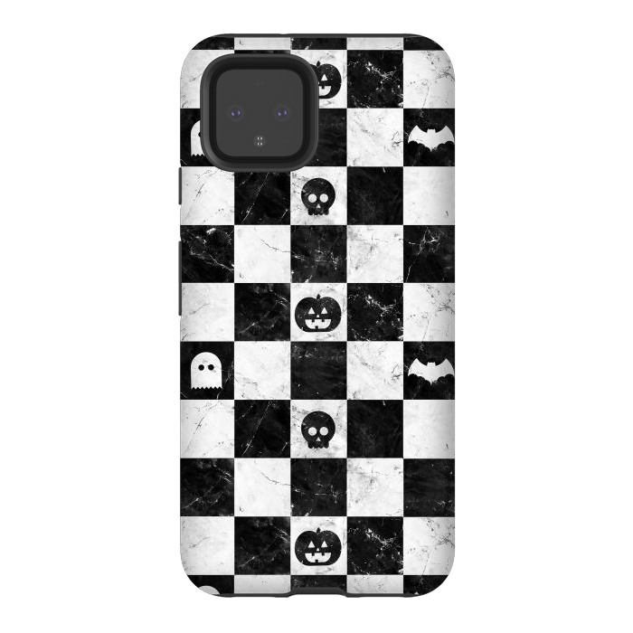 Pixel 4 StrongFit Halloween checkered pattern - marble spooky monsters checks by Oana 
