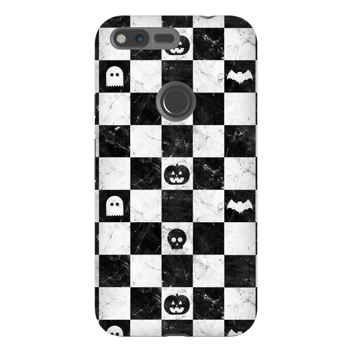 Pixel XL StrongFit Halloween checkered pattern - marble spooky monsters checks by Oana 