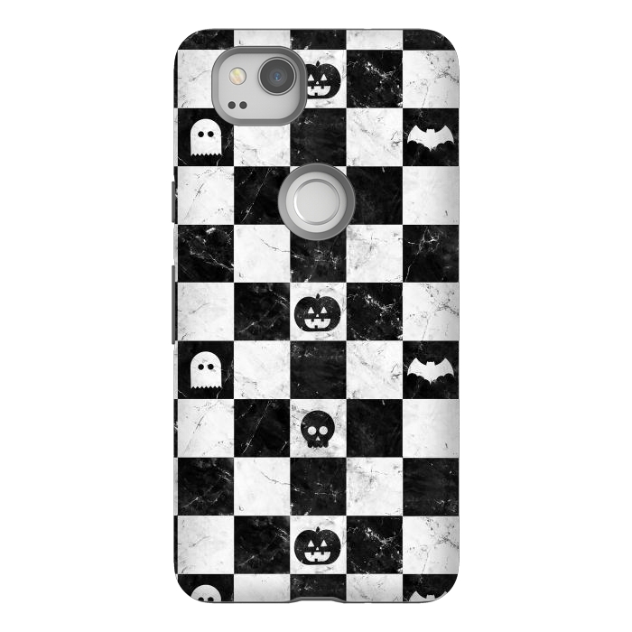 Pixel 2 StrongFit Halloween checkered pattern - marble spooky monsters checks by Oana 