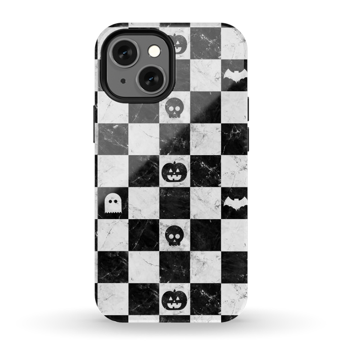 iPhone 12 mini StrongFit Halloween checkered pattern - marble spooky monsters checks by Oana 