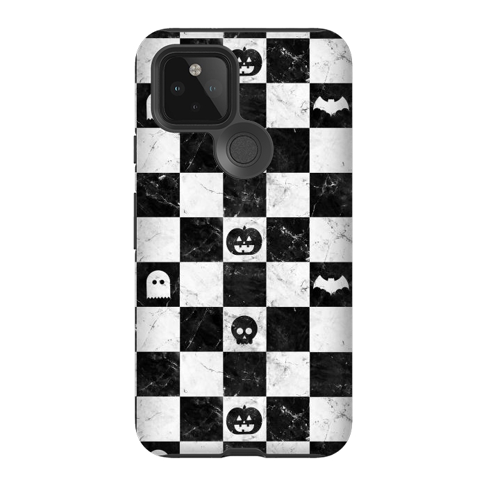 Pixel 5 StrongFit Halloween checkered pattern - marble spooky monsters checks by Oana 