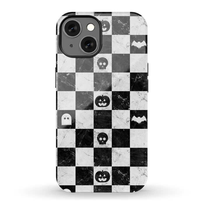 iPhone 13 StrongFit Halloween checkered pattern - marble spooky monsters checks by Oana 