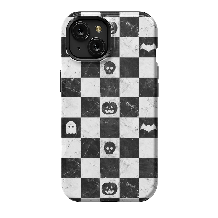 iPhone 15 StrongFit Halloween checkered pattern - marble spooky monsters checks by Oana 