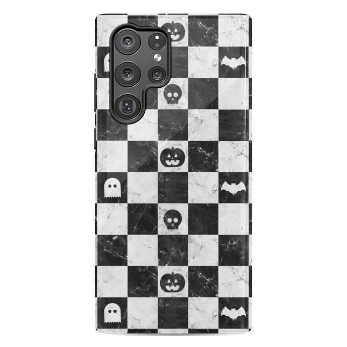 Galaxy S22 Ultra StrongFit Halloween checkered pattern - marble spooky monsters checks by Oana 