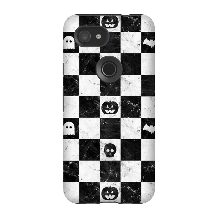 Pixel 3A StrongFit Halloween checkered pattern - marble spooky monsters checks by Oana 
