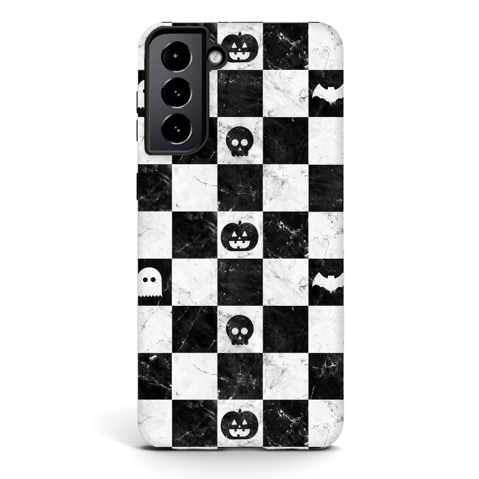 Galaxy S21 StrongFit Halloween checkered pattern - marble spooky monsters checks by Oana 