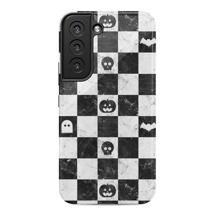 Galaxy S22 StrongFit Halloween checkered pattern - marble spooky monsters checks by Oana 