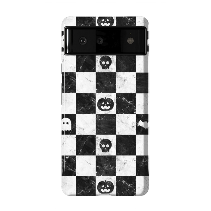 Pixel 6 StrongFit Halloween checkered pattern - marble spooky monsters checks by Oana 