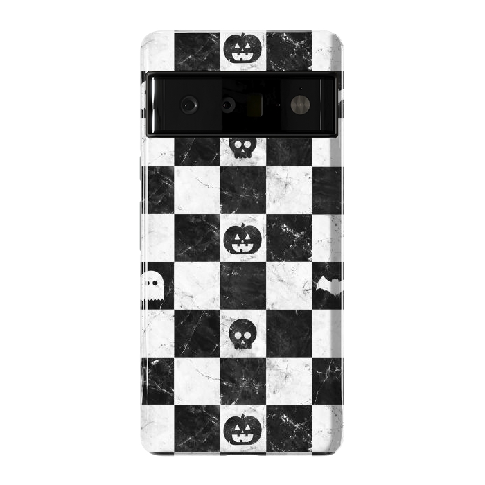 Pixel 6 Pro StrongFit Halloween checkered pattern - marble spooky monsters checks by Oana 