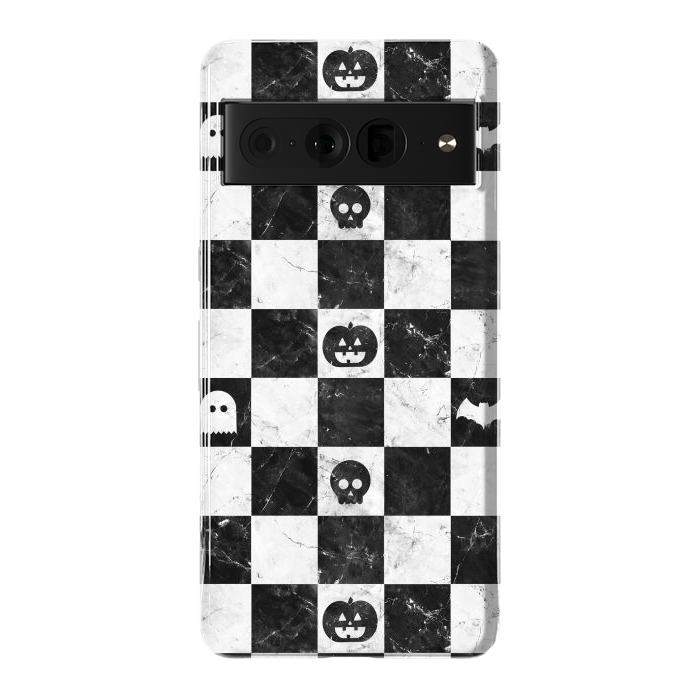 Pixel 7 Pro StrongFit Halloween checkered pattern - marble spooky monsters checks by Oana 