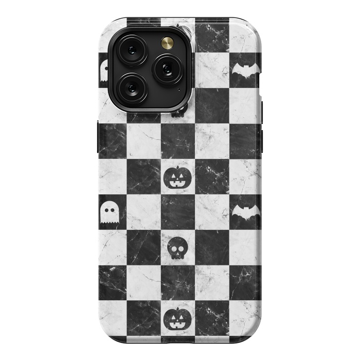 iPhone 15 Pro Max StrongFit Halloween checkered pattern - marble spooky monsters checks by Oana 