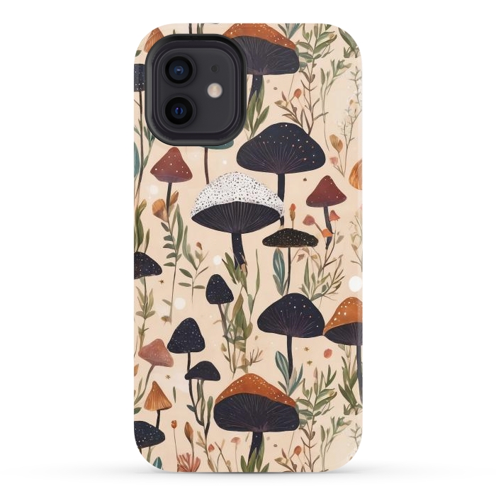 iPhone 12 StrongFit Mushrooms pattern - mushrooms and leaves cottagecore illustration by Oana 