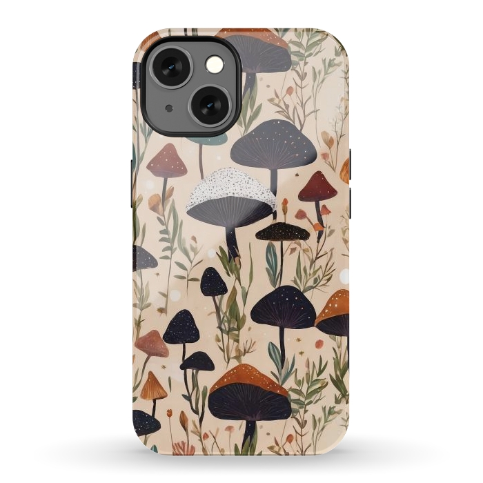 iPhone 13 StrongFit Mushrooms pattern - mushrooms and leaves cottagecore illustration by Oana 