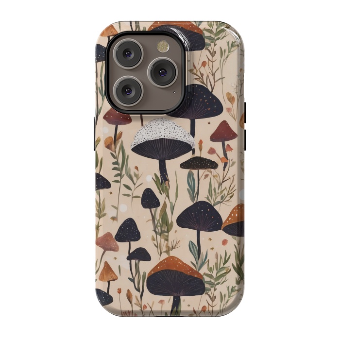iPhone 14 Pro StrongFit Mushrooms pattern - mushrooms and leaves cottagecore illustration by Oana 