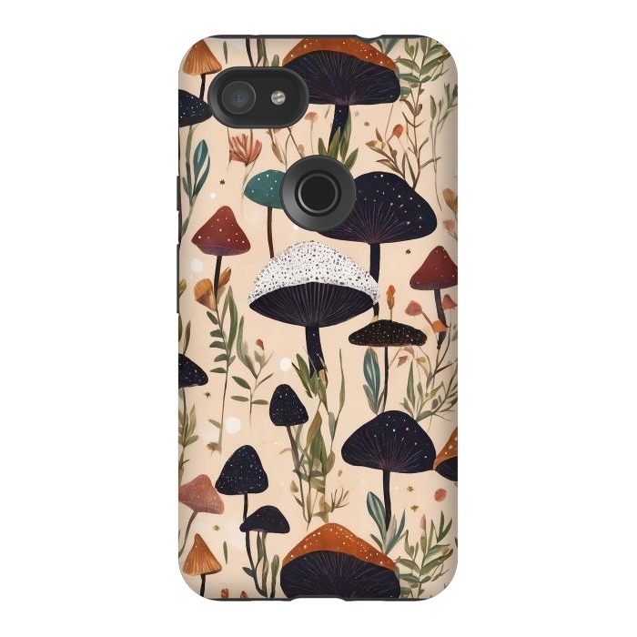 Pixel 3AXL StrongFit Mushrooms pattern - mushrooms and leaves cottagecore illustration by Oana 