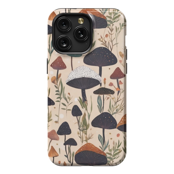 iPhone 15 Pro Max StrongFit Mushrooms pattern - mushrooms and leaves cottagecore illustration by Oana 