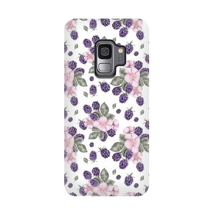 Galaxy S9 StrongFit Berries and flowers, white by Flowery Stories
