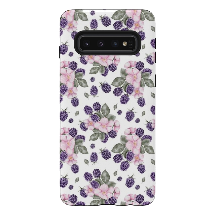 Galaxy S10 StrongFit Berries and flowers, white by Flowery Stories
