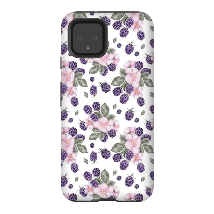 Pixel 4 StrongFit Berries and flowers, white by Flowery Stories