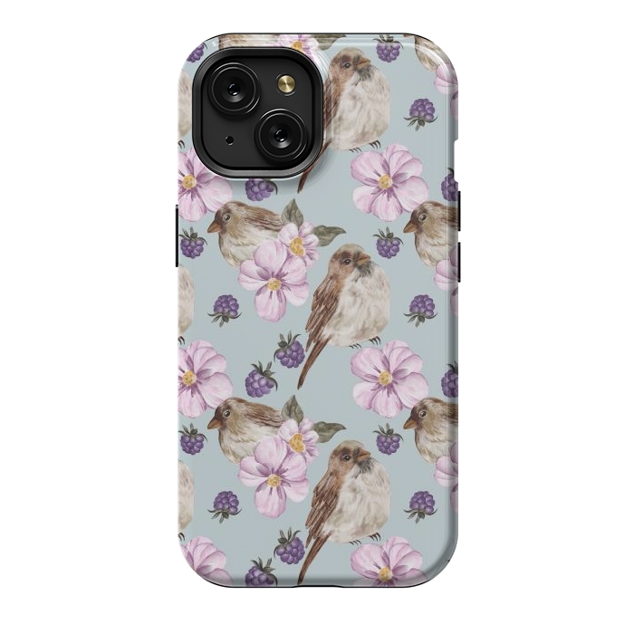 iPhone 15 StrongFit Lovely birds, blue by Flowery Stories