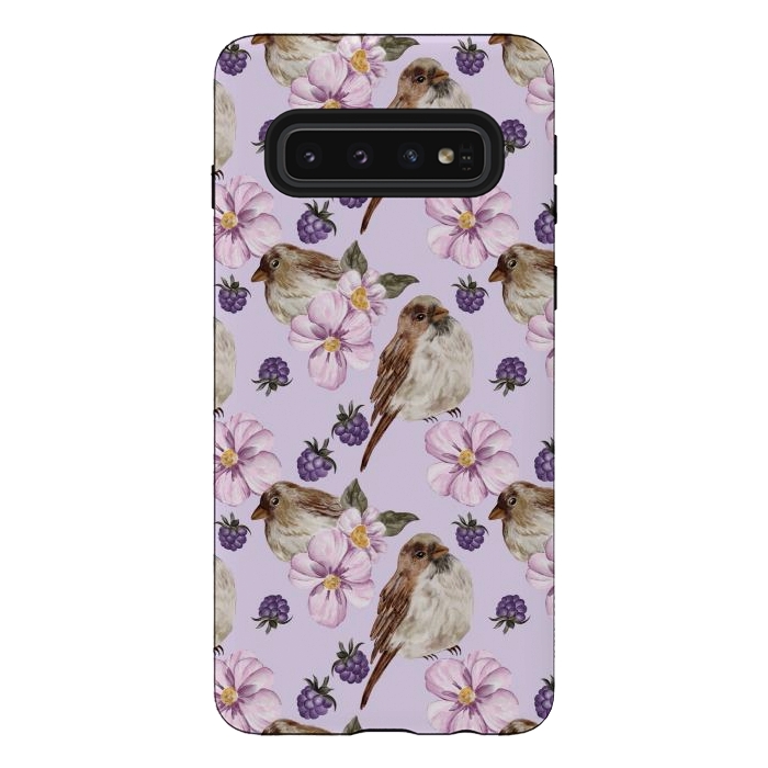 Galaxy S10 StrongFit Lovely birds, light purple by Flowery Stories