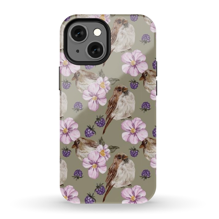 iPhone 12 mini StrongFit Lovely birds, green by Flowery Stories