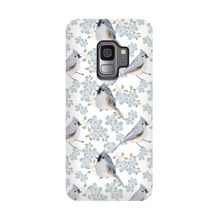 Galaxy S9 StrongFit tufted titmouse, white by Flowery Stories