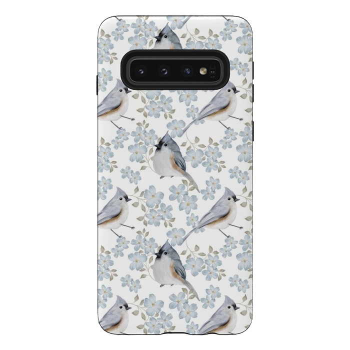 Galaxy S10 StrongFit tufted titmouse, white by Flowery Stories