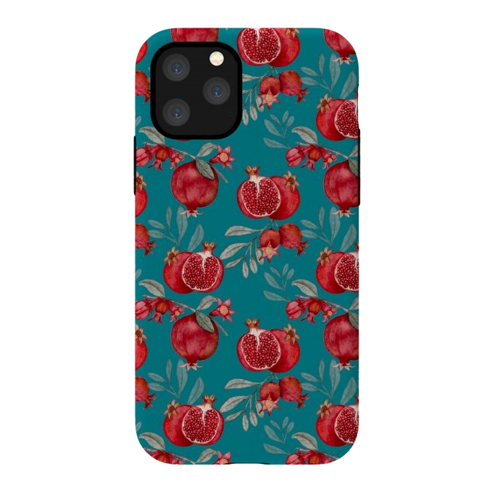 iPhone 11 Pro StrongFit Pomegranates, dark teal by Flowery Stories