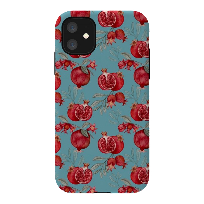 iPhone 11 StrongFit Pomegranates, light teal by Flowery Stories