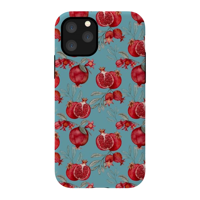 iPhone 11 Pro StrongFit Pomegranates, light teal by Flowery Stories