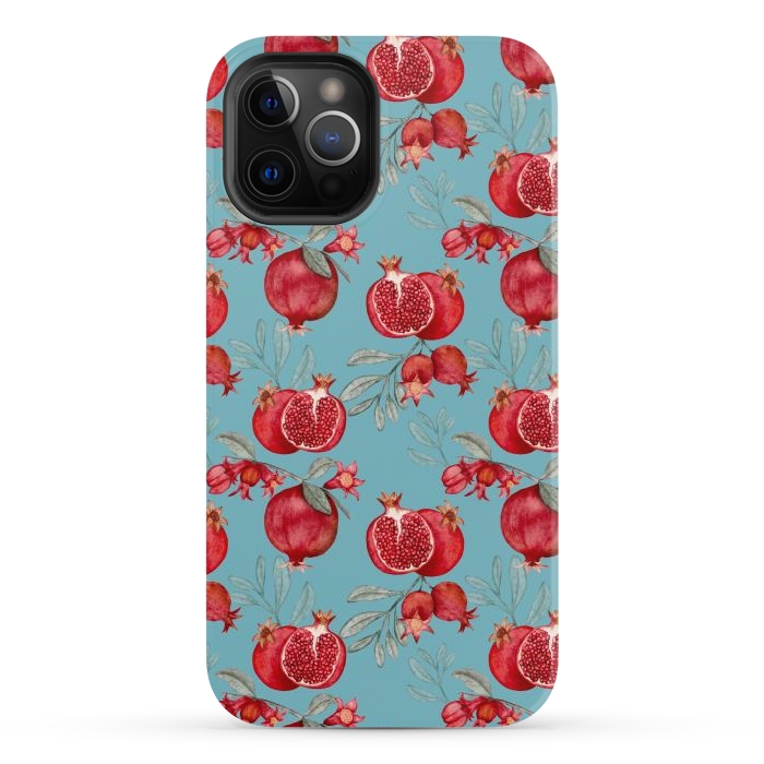 iPhone 12 Pro StrongFit Pomegranates, light teal by Flowery Stories