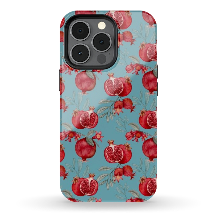 iPhone 13 pro StrongFit Pomegranates, light teal by Flowery Stories