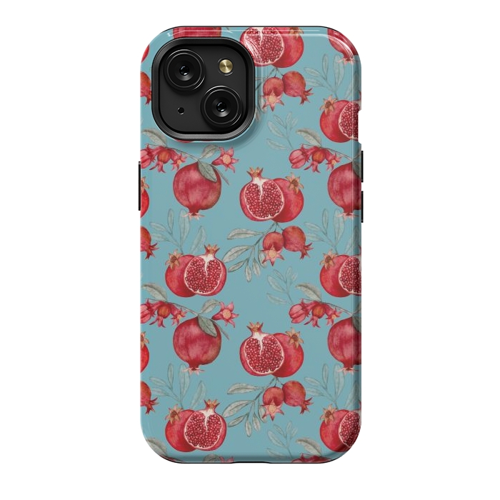 iPhone 15 StrongFit Pomegranates, light teal by Flowery Stories