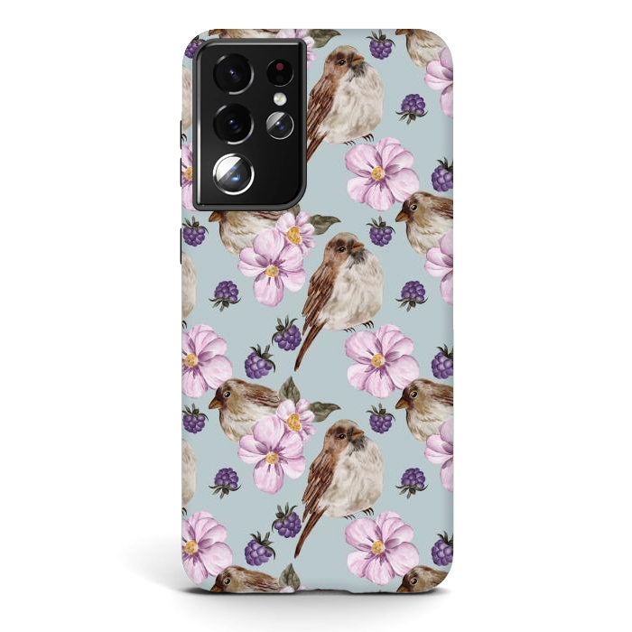 Galaxy S21 ultra StrongFit Lovely birds blue by Flowery Stories