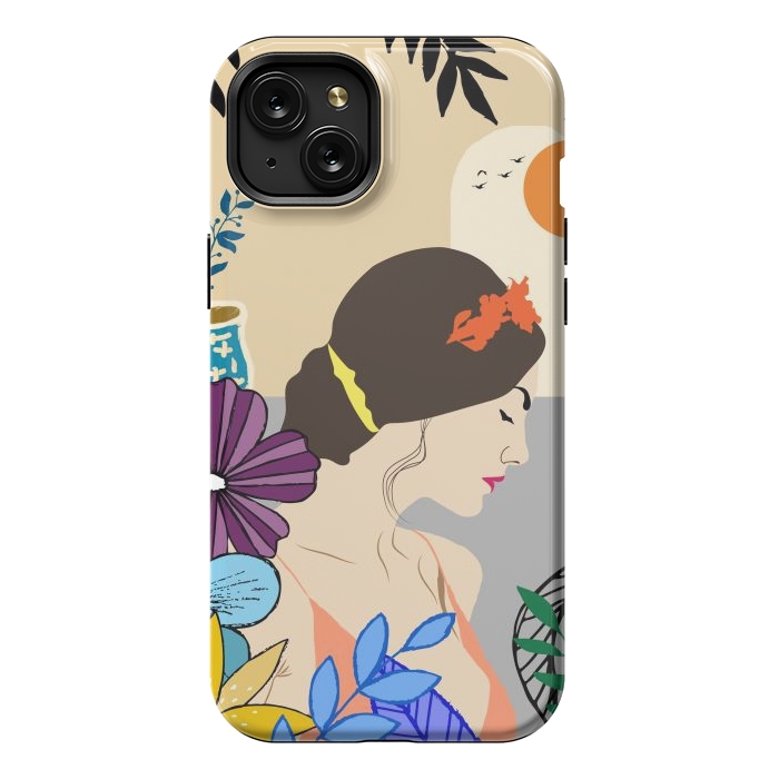 iPhone 15 Plus StrongFit Glorious Morning, Minimal Boho Illustration, Cute Woman Drawing by Creativeaxle
