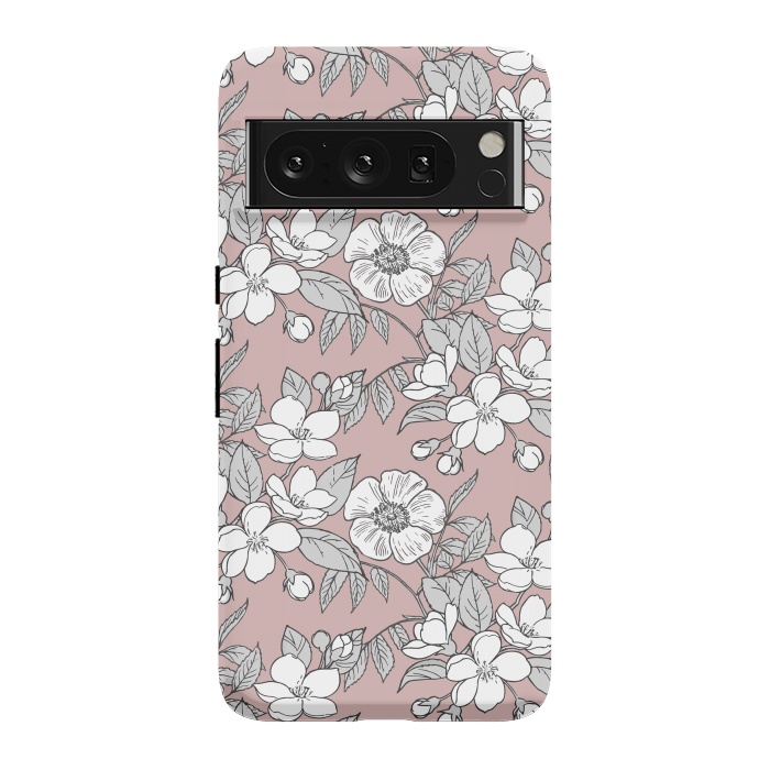 Pixel 8 Pro StrongFit White Cherry flowers line art drawing on pink by Oana 